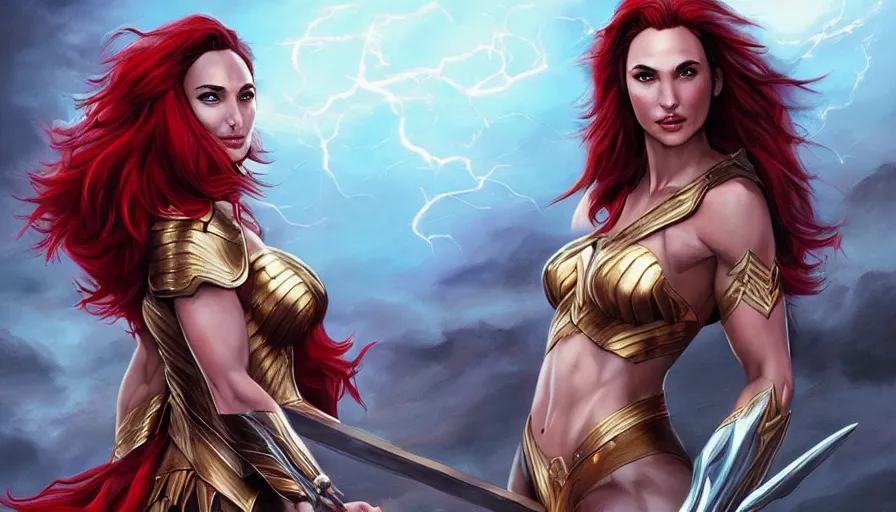 Prompt: painting of gal gadot as muscular and beautiful valkyrie with long red hair, fantasy art, full shot, atmospheric lightning, by artgerm