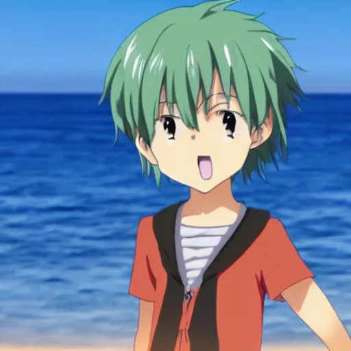 Image similar to Anime boy standing on the beach, smiling at the camera. Blue sky. Anime Still frame.