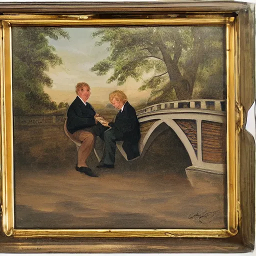 Prompt: Painting of 2 men sitting on a bridge in the style of Florid-Jan Koetsen