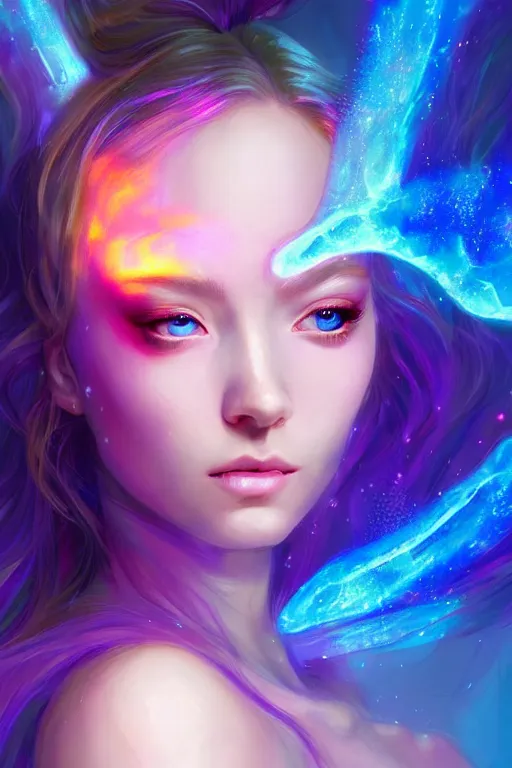 Image similar to a photographic portrait of an attractive young girl, partially clothed in ethereal armor, surrounded by colorful transparent plasma, emitting psychic powers, beautiful bone structure, perfectly proportioned face, perfect eyes, intricate, elegant, highly detailed, hyper detailed, trending on tumblr, by artgerm, by loish, fantasy scene, fantasy aesthetic, trending on Artstation