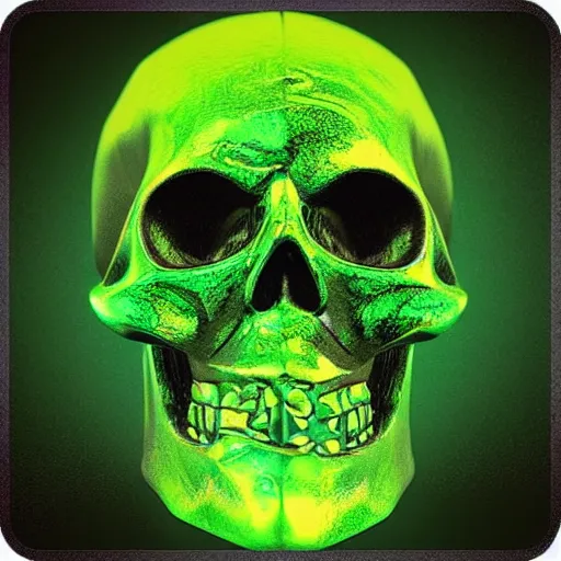 Prompt: “ artstation high detail horrifying green skull floating over golden cubes 4 k realistic ”