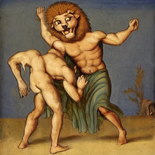 Prompt: Biblical Samson wrestling lion