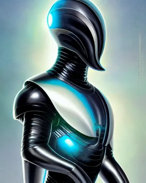 Image similar to iridescent wiry muscular male smooth sleek glossy black pearlescent scifi armor with smooth black featureless helmet, by greg rutkowski and mark brookes and jim burns and tom bagshaw and magali villeneuve, trending on artstation