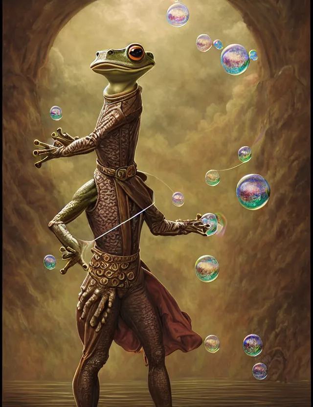 Image similar to anthropomorphic bipedal frog that is dressed as a renaissance fighter, as a matte oil painting and d & d character art, by alex grey, standing, fullbody, floating bubbles, mystic, fog, fractals, spirals, concept art, award - winning, extremely detailed, sharp focus