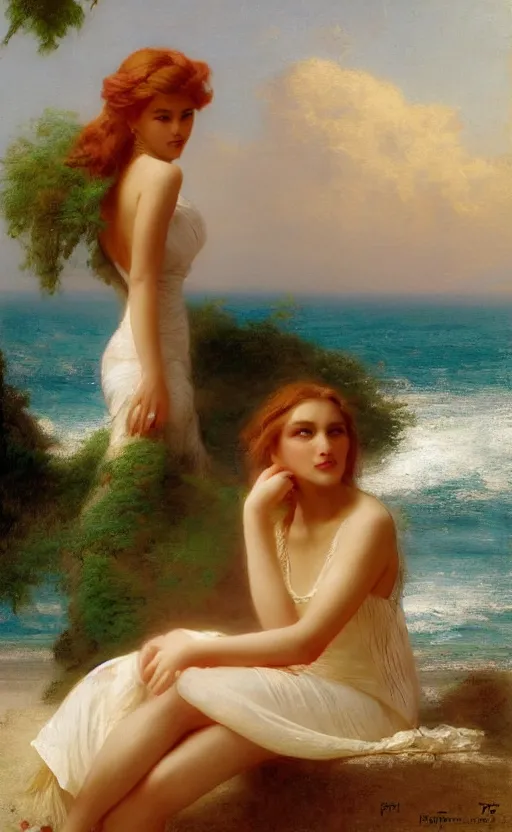 Image similar to donald trump as a beautiful girl at the summer beach by raphael lacoste and pierre auguste cot and delphin enjolras and daniel f. gerhartz