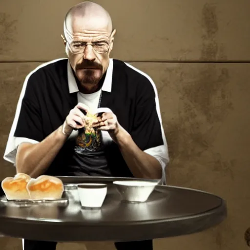 Prompt: Walter White eating a donut with Snoop Dogg, 4k, fullbody