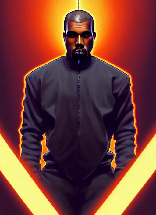 Image similar to symmetry!! portrait of kanye west, metal gear solii, tech wear, glowing lights!! intricate, elegant, highly detailed, digital painting, artstation, concept art, smooth, sharp focus, illustration, art by artgerm and greg rutkowski and alphonse mucha