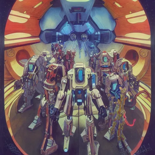 Prompt: beautifully colored detailed scifi painting of occultist scientists summoning a mobile suit, occult giant robot power armor eched with power runes by m. c. escher, beeple, greg rutkowski and alphonse mucha