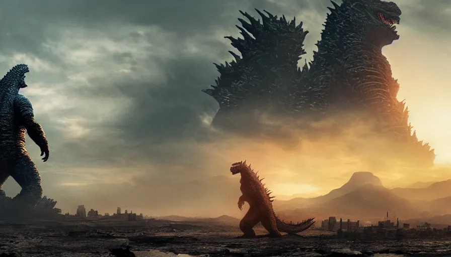Image similar to Godzilla walking towards the horizon in a ruined city, hyperdetailed, artstation, cgsociety, 8k