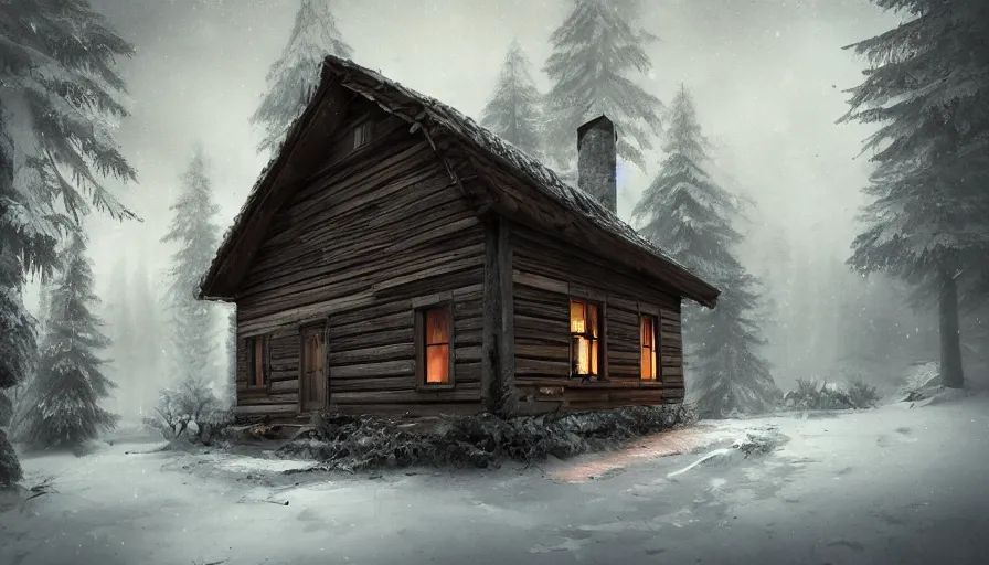 Prompt: old wooden house with smoking chimney built in snowy forest, path, wood storage, night, hyperdetailed, artstation, cgsociety, 8 k