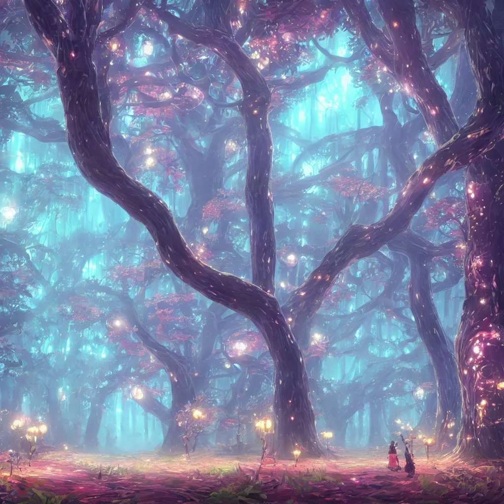 Image similar to huge trees and lanterns, misty nighttime. radiating rich energy. photorealistic, moody atmosphere, volumetric shading, holographic dreamlike, intricate and detailed, vivid colors. ori and the blind forest, breath of the wild style, by miyazaki ghibli!!!. trending on artstation. award winning, daily deivation. pastel!! pink accents.