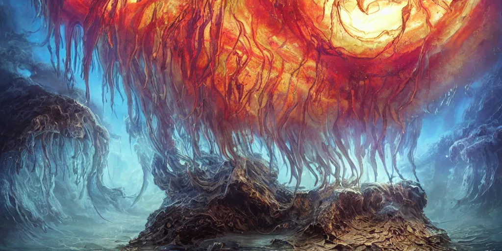 Prompt: concept art of giant translucent glowing jellyfishes, lovecraftian divers, lots of teeth, melting horror, round moon, rich clouds, fighting the horrors of the unknown, high resolution, very detailed, roaring, volumetric light, mist, grim, fine art, decaying, textured oil over canvas, epic fantasy art, very colorful, ornate, anato finnstark