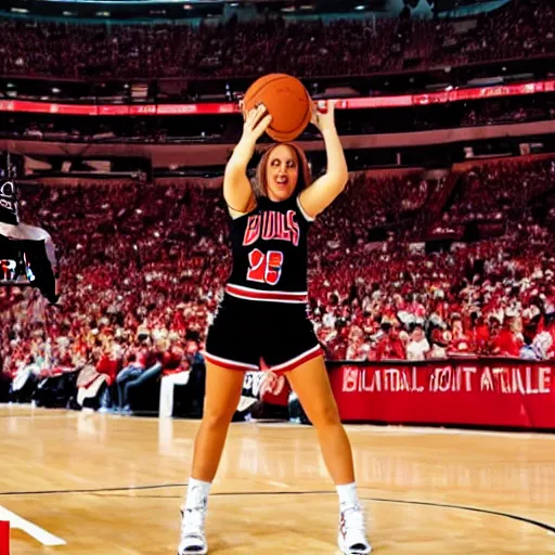 Image similar to woman plying basketball on court in a chicago bulls jersey at the united center