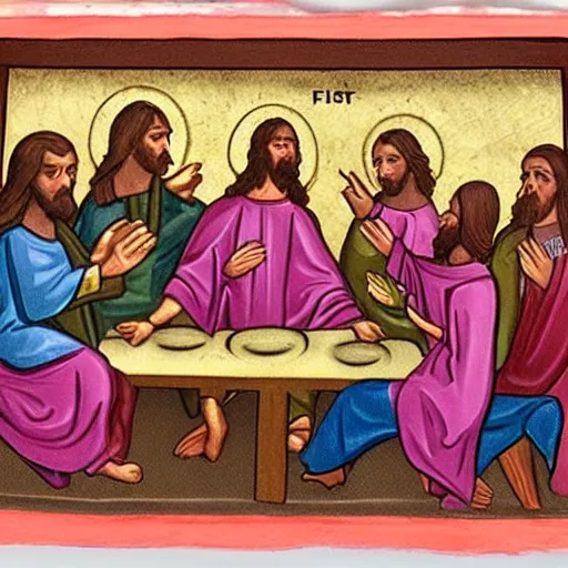 Prompt: jesus slapping your mom at the last supper