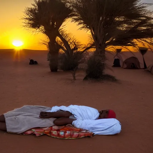 Image similar to a photo a Ghandi sleeping rough in the Sahara a sunrise, perfect lighting