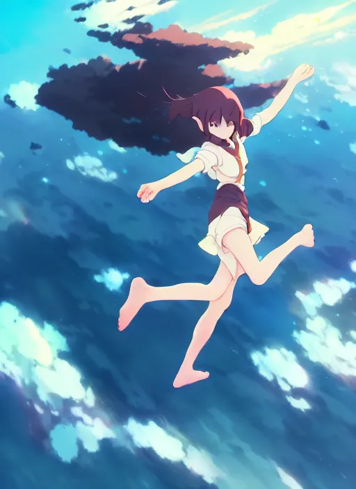 Image similar to girl flying towards a deep abyss in the air, illustration concept art anime key visual trending pixiv fanbox by wlop and greg rutkowski and makoto shinkai and studio ghibli