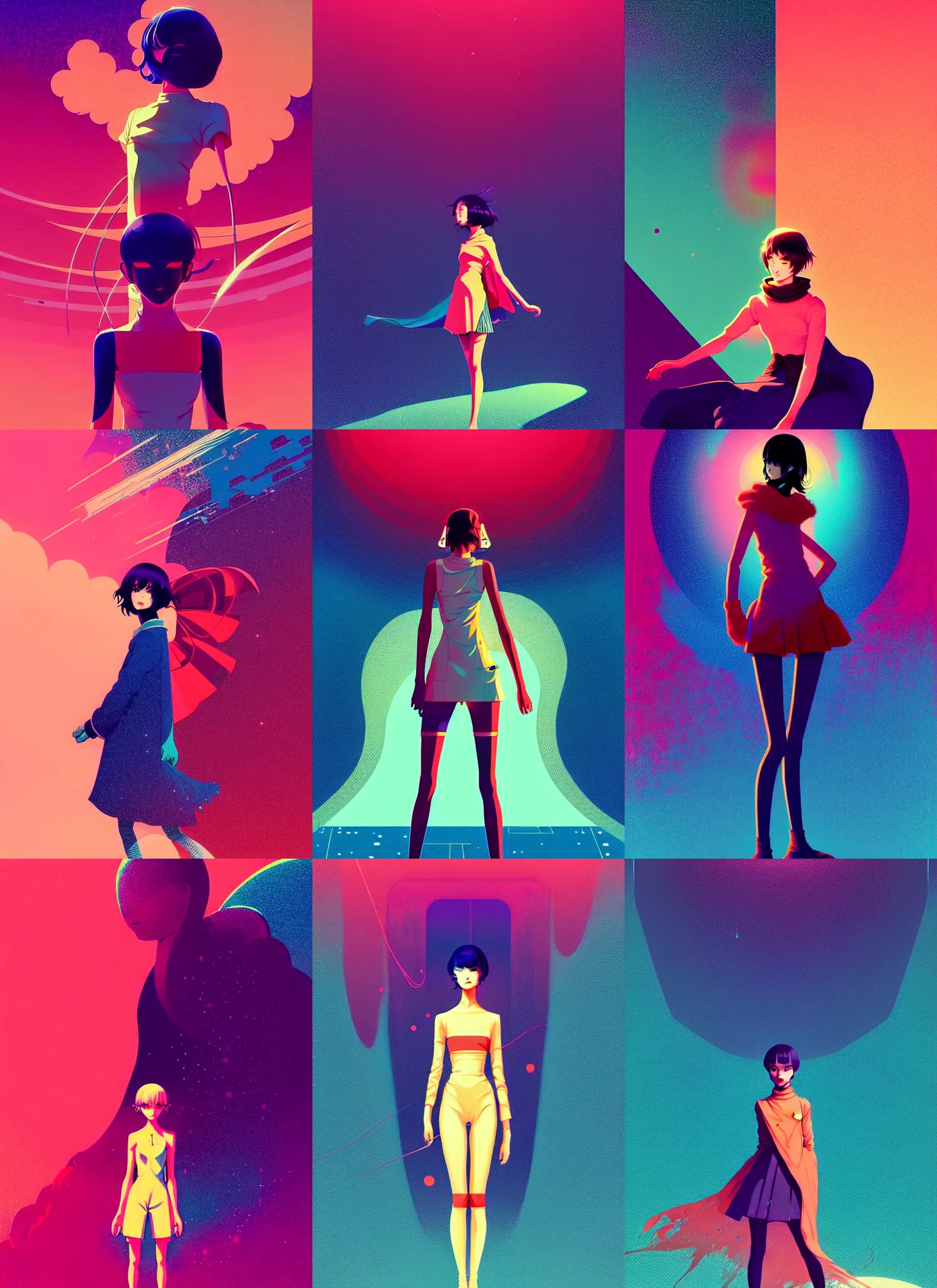 Prompt: ( ( dither ) ), editorial illustration of a cute anime girl posing, dynamic pose, modern art deco, colorful, ( ( mads berg ) ), christopher balaskas, victo ngai, rich grainy texture, detailed, dynamic composition, wide angle, moebius, volumetric, last exile