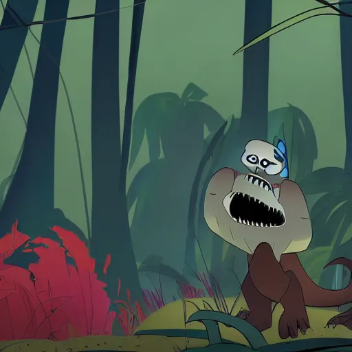 Prompt: tyrannosaurus in the jungle, genndy tartakovsky, samurai jack, studio la cachette