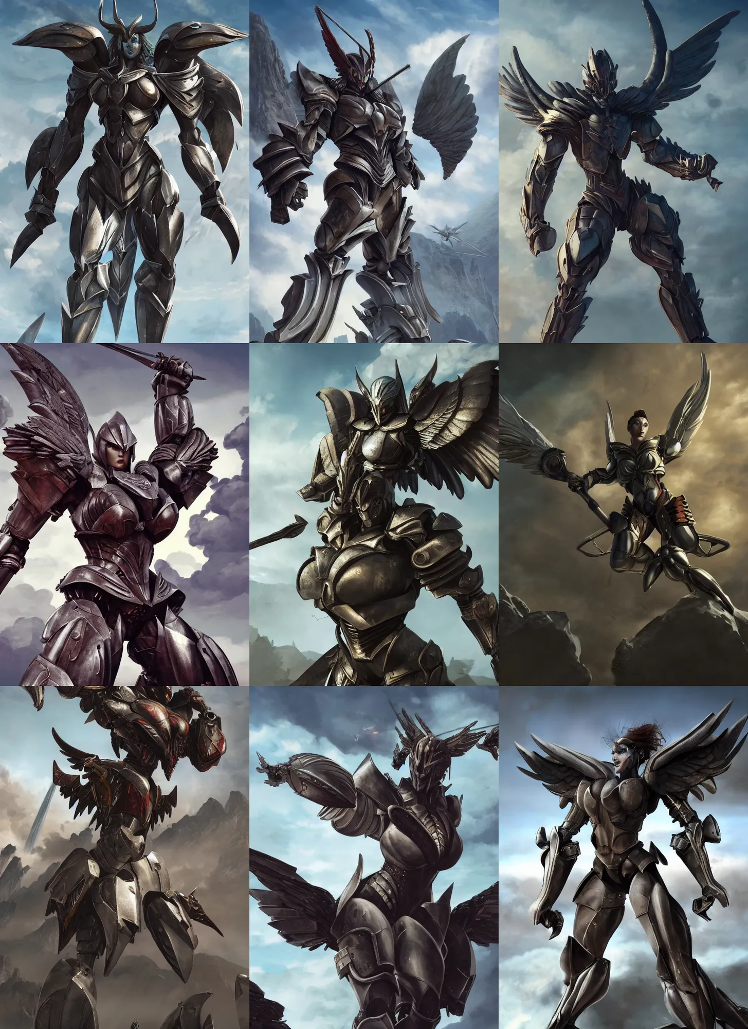 Prompt: big muscular female warrior, wearing full plate armor, with large wings, flying into the sky, matte painting, brutalist painting, Anthem game, battle angel, single character full body, 4k, illustration, concept, rule of thirds, centered, transformers animated