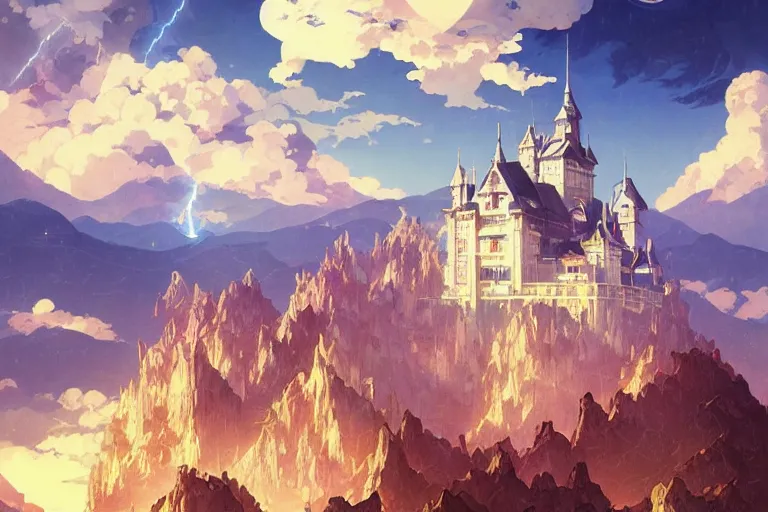 Prompt: retro - futurism anime castle on a mountain in clouds with lots of details look from above rule of thirds golden ratio, fake detail, trending pixiv fanbox, acrylic palette knife, art by artgerm and greg rutkowski and alphonse mucha, smooth, sharp focus, cinematic lightning