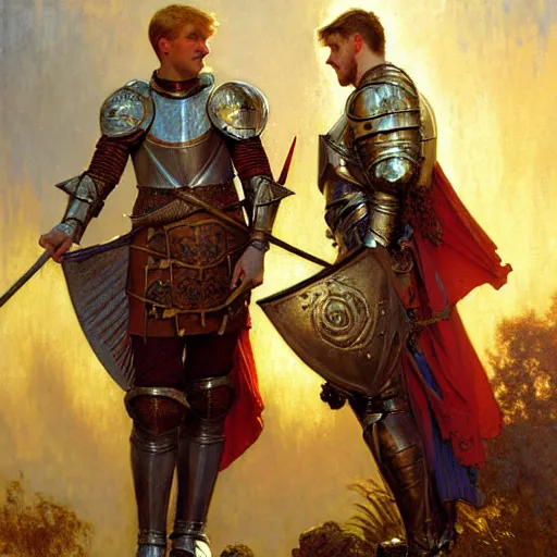 Image similar to attractive arthur pendragon and his attractive male knight, they are in love, natural lighting, path traced, highly detailed, high quality, digital painting, by gaston bussiere, craig mullins, alphonse mucha j. c. leyendecker