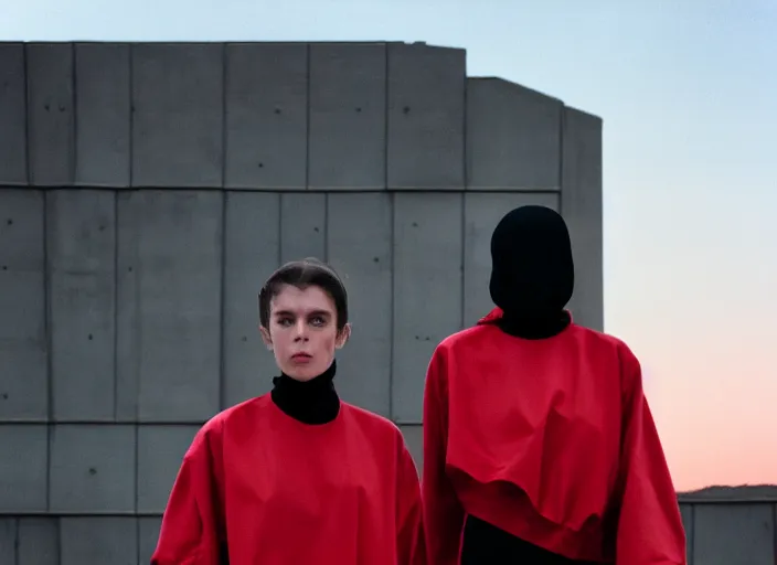 Image similar to cinestill 5 0 d closeup photographic portrait of two clones in front of a brutalist metal building, techwear women, on a desolate plain, red sky, black oversized clothes, depth of field, 4 k, 8 k, hd, full color