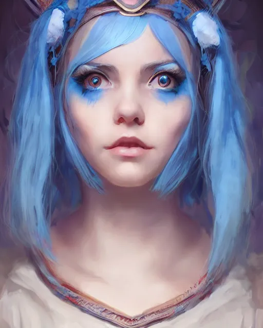 Image similar to symmetrical portrait of a pretty girl with blue hair dressed as alice in wonderland, digital painting, 8 k, concept art, art by wlop, artgerm, greg rutkowski and alphonse mucha