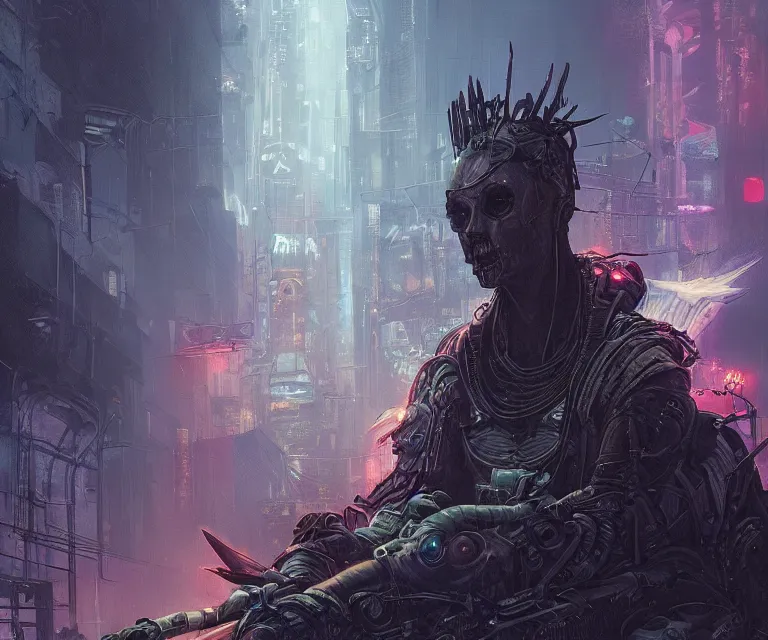 Image similar to a beautiful tarot card artwork of a cyberpunk fallen dark seraphim, horror, backlit, gloomy sky, highly detailed, digital painting, scales, by eddie mendoza and greg rutkowski and dan mumford and artgerm, vivid colors, masterpiece, detailed shading, 8 k resolution, intricate, smooth