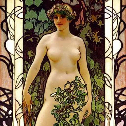 Image similar to beautiful women, aphrodisiac, tall goddess, expressive oil painting, art nouveau, vines, edwardian woman, 1 9 2 0's france, oil painting by alphonse mucha