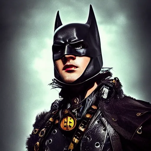 Image similar to epic portrait of a steampunk batman, movie still, cinematic, beautiful lighting, beautiful composition, illustration, digital matte painting, D&D, fantasy, intricate