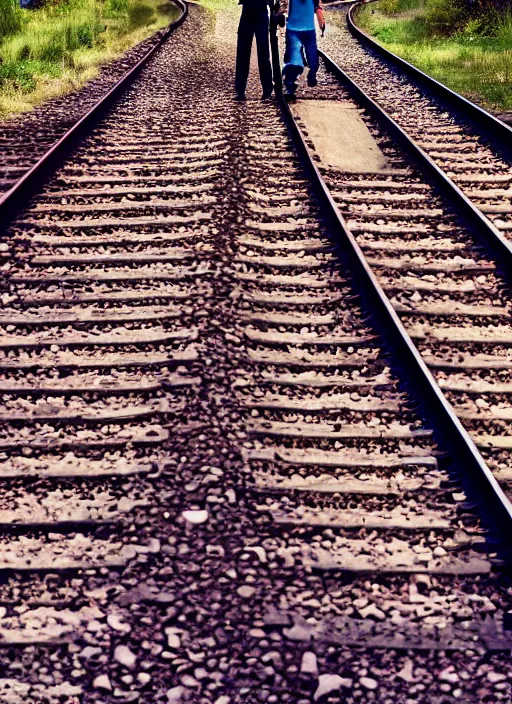 Image similar to young friends walking on train tracks on a sunny day, 1 9 8 0 s, moody cinematic photo, friendship, good feeling, hyper real, octane render, 8 k, photorealism