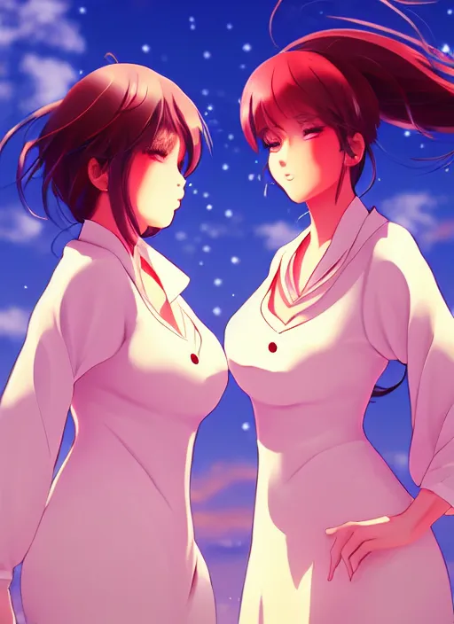 Image similar to two beautiful mothers outside on a hot summer evening, gorgeous faces, thick lines, cinematic lighting, detailed anime art