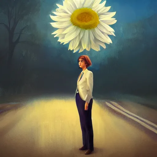 Image similar to giant white daisy flower head, frontal, girl in a suit, standing in street, surreal photography, sunrise, dramatic light, impressionist painting, digital painting, artstation, simon stalenhag