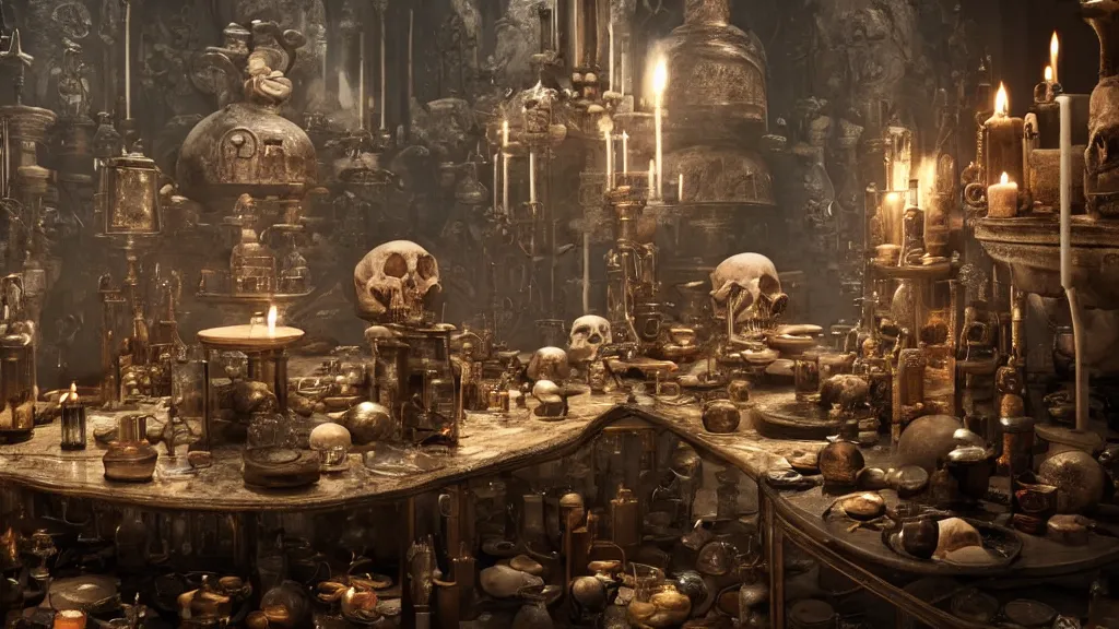 Prompt: a complex ancient alchemists interior, 4 k, stone table, alchemist working, skulls, giant athanor, alembic, beakers full of liquid, knobs, glass orbs, candle lighting, octane render, natural color scheme, architectural photography, f 3 2, still from movie by guillermo del toro