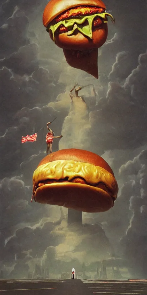 Prompt: an enormous, overwhelming ominous statue of a deluxe cheeseburger, in the style of Rockwell and Beksinski