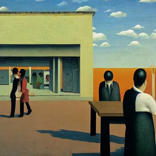 Image similar to A painting of a hawker centre by Rene Magritte