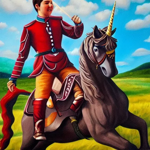 Image similar to wesley crusher riding a unicorn into battle oil painting