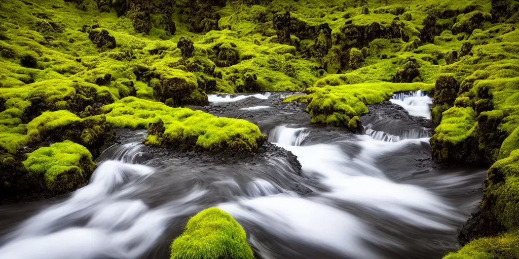 Prompt: photo of a landscape with lush forest, wallpaper, very very wide shot, iceland, new zeeland, green flush moss, national geographic, award landscape photography, professional landscape photography, waterfall, stream of water, hanging flowers, big sharp rock, ancient forest, primordial, sunny, day time, beautiful