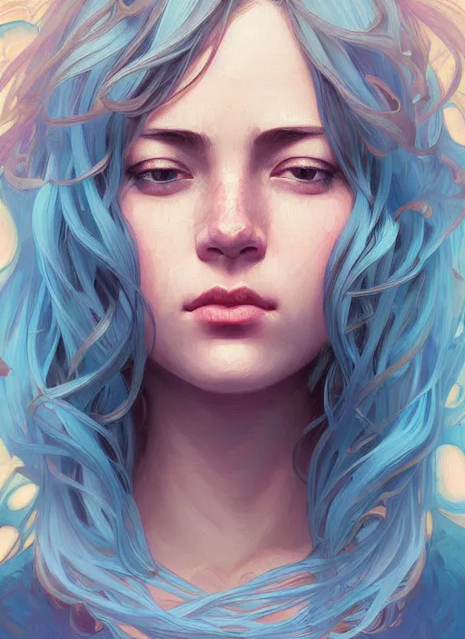 Image similar to handsome young women with shoulder length light blue hair, half body shot, path traced, highly detailed, high quality, digital painting, alena aenami, lilia alvarado, shinji aramaki, karol bak, alphonse mucha, tom bagshaw