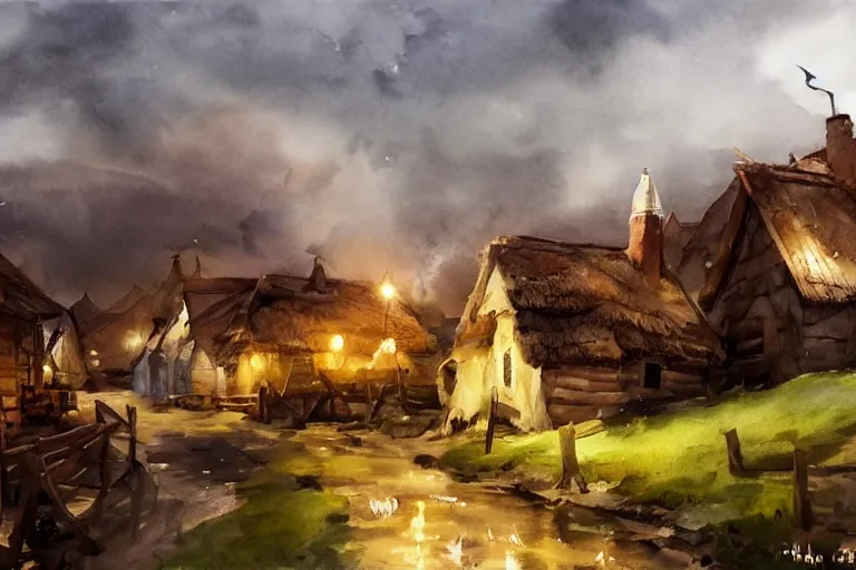 Prompt: paint brush strokes, abstract watercolor painting of rustic village at nightfall, straw roof, viking town, lantern, ambient lighting, art by hans dahl, by jesper ejsing, art by anders zorn, wonderful masterpiece by greg rutkowski, cinematic light, american romanticism by greg manchess, creation by tyler edlin