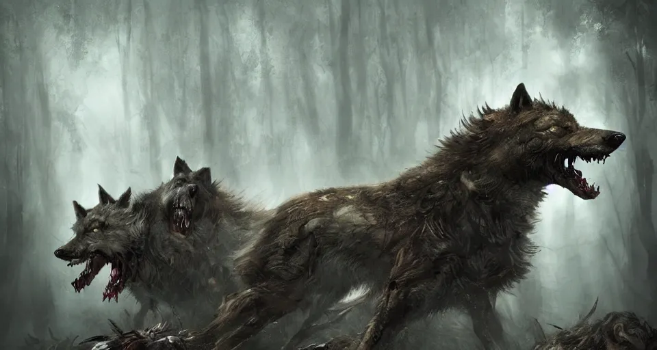 Image similar to an epic action concept masterpiece of a rabid wolfpack, in a forest made of nightmares, horrific digital art, extremely moody lighting, style of johannes voss