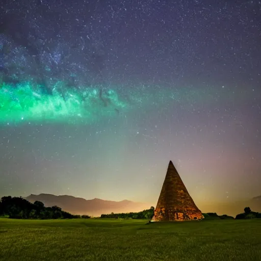 Prompt: An emerald green meadow filled with ancient structures with a cosmic sky full of stars and swirling lights