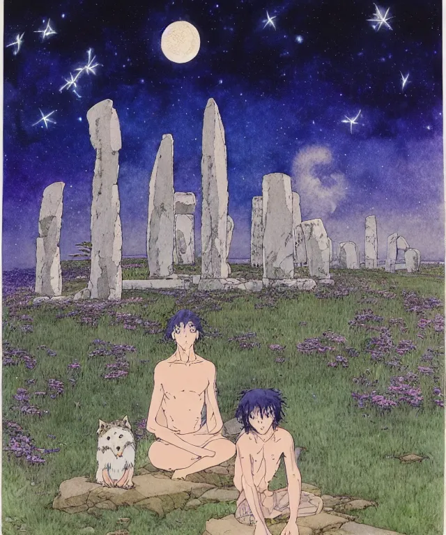 Image similar to a hyperrealist studio ghibli watercolor fantasy concept art. in the foreground is a giant long haired grey wolfman sitting in lotus position on top of stonehenge with shooting stars all over the sky in the background. by rebecca guay, michael kaluta, charles vess