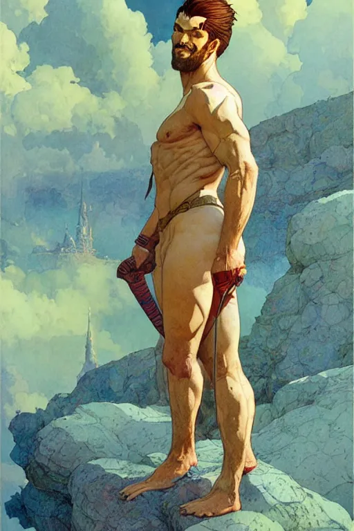 Image similar to attractive male, fantasy, character design, painting by jean giraud, greg rutkowski, carl larsson, tom of finland