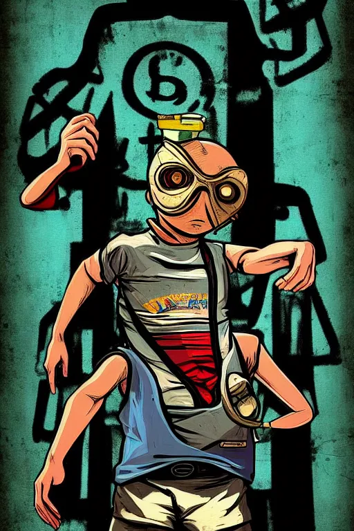 Prompt: boy with singlet tshirt and towel on shoulder. bioshock art style, grand theft auto chinatown art style, pop art, proportional, digital arts, artstation, concept arts, smooth, sharp focus, illustration, intricate, hyperdetails, art by banksy and mimmo rottela, pixels art by paul robertson