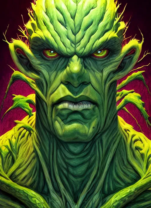 Image similar to grotesque portrait of swamp thing from vertigo imprint, artstation, cartoon, elegant, highly detailed, digital painting, masterpiece art by ghibli!, makoto shinkai!, bluth!, fujita goro!, giraud!, ghailan!, akihiko yoshida!, fadeev! 8 k