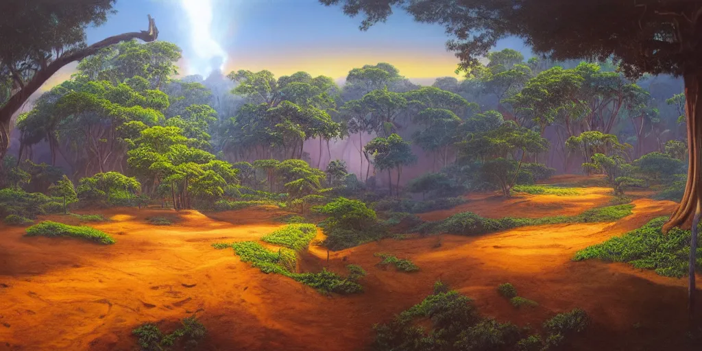 Prompt: sri lankan landscape, volumetric lighting and shadows, concept art, realistic oil painting by alex grey