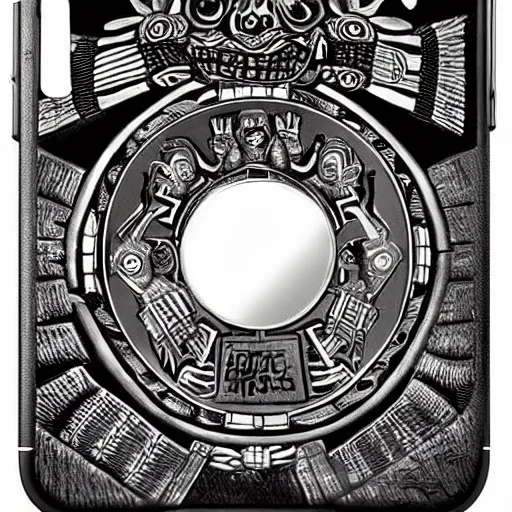 Prompt: an obsidian mirror through which the Aztec believed spirits manifested. Tezcatlipoca, god of the smoking mirror represented in the typical iPhone zombie pose staring down at his mirror