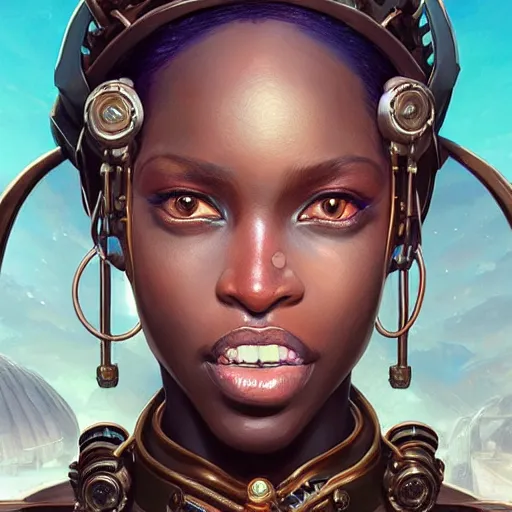 Image similar to african steampunk alchemist, science fiction, highly detailed, digital painting, beautiful eyes, symmetry, concept art, sharp focus, illustration, global illumination, radiant light, detailed and intricate environment, art by artgerm and greg rutkowski and magali villeneuve and ilya kuvshinov!