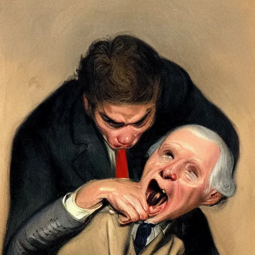 Image similar to painting of Joe Biden devouring Mitch McConnell, by Goya